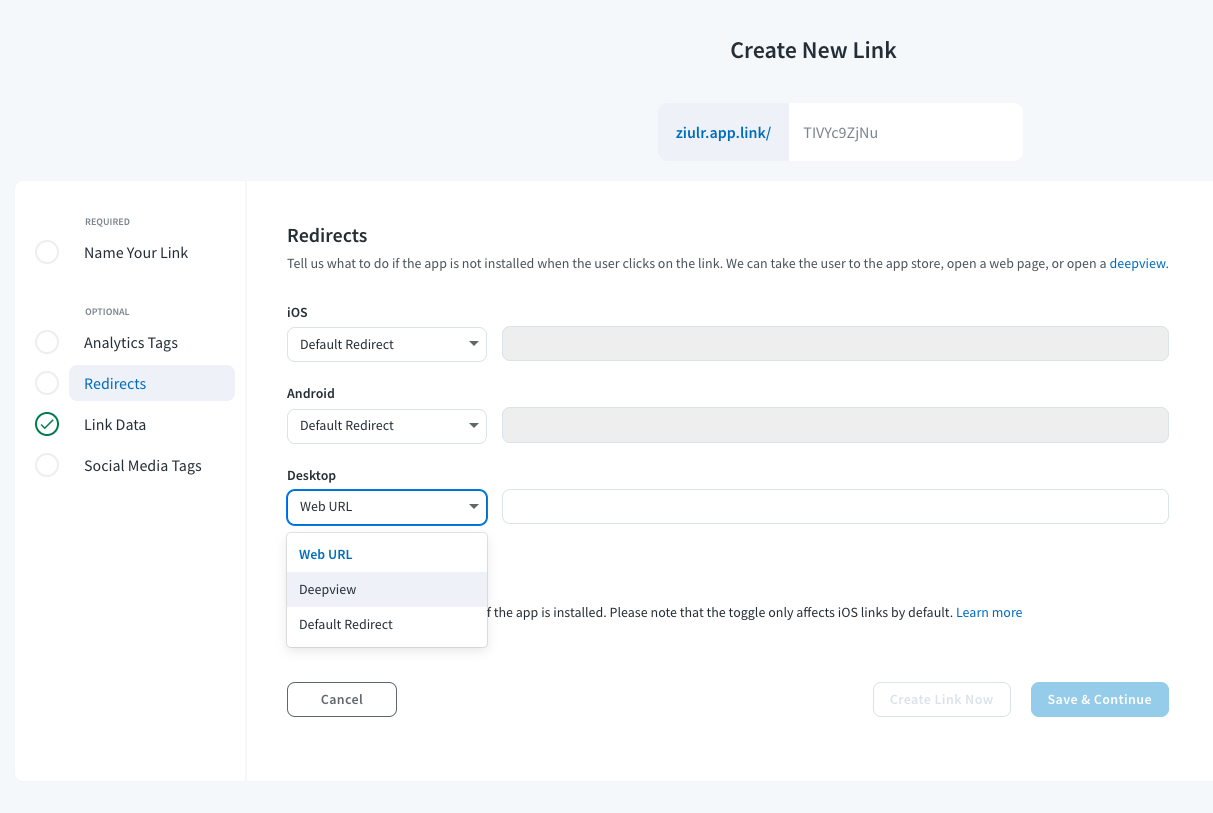 Branch 提供清楚的指引，設定不同裝置的目標網址（取自：https://dashboard.branch.io/quick-links ）
